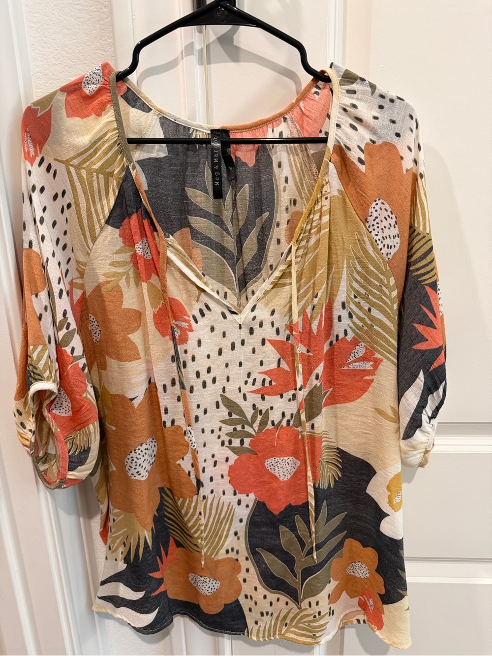 Floral V-Neck Blouse in Coral & Olive